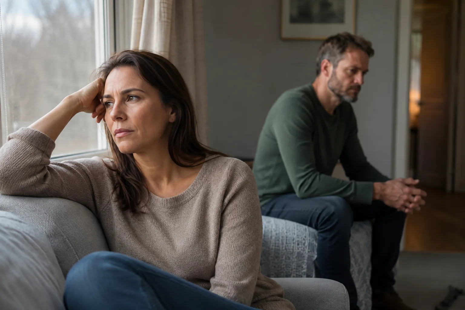 A couple sits apart while reflecting after a difficult conversation