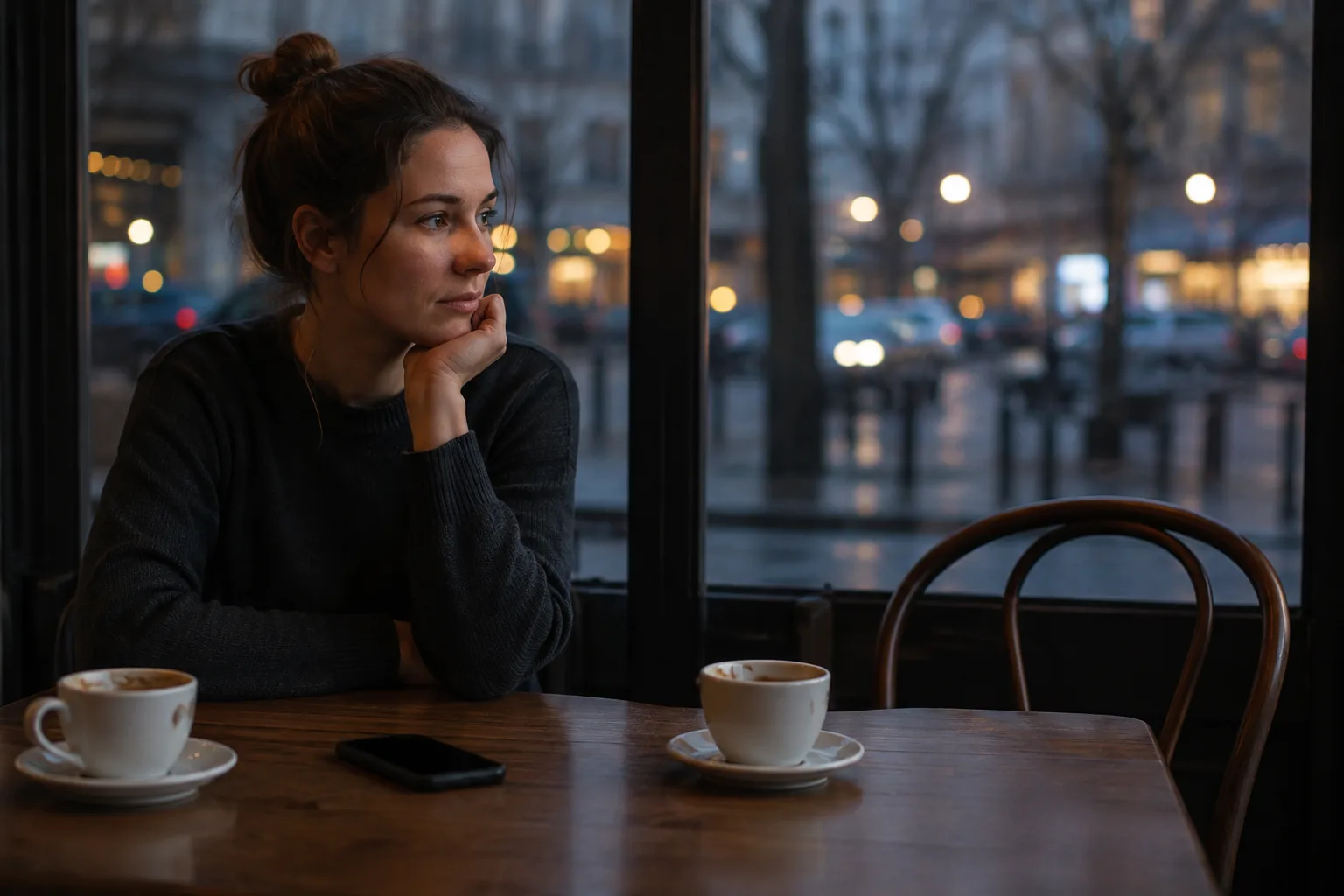 A woman waits beside an untouched second coffee while her phone remains face down
