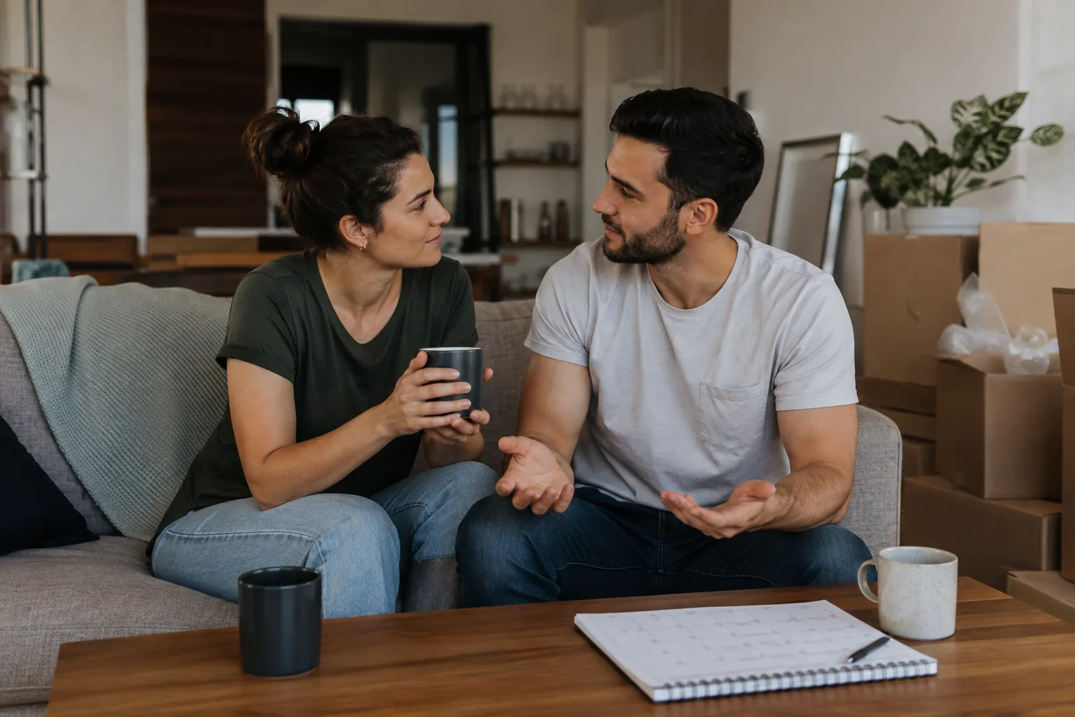 A recently cohabiting couple reconnects beside unpacked boxes and a weekly planner