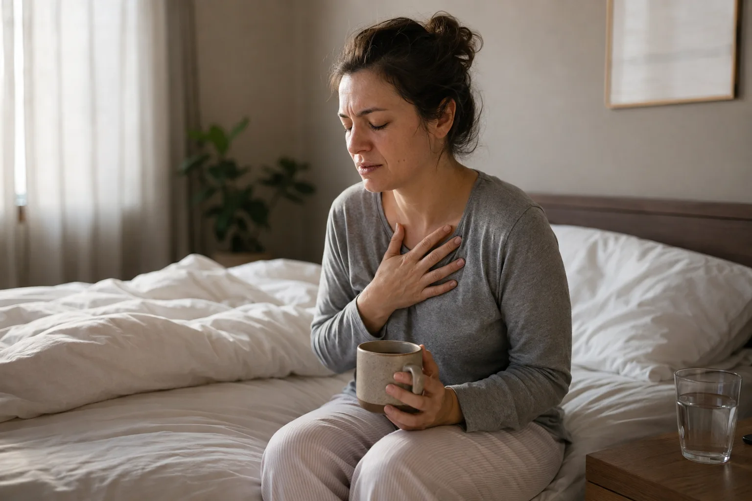 A heartbroken woman sits safely on the edge of her bed while holding a warm mug