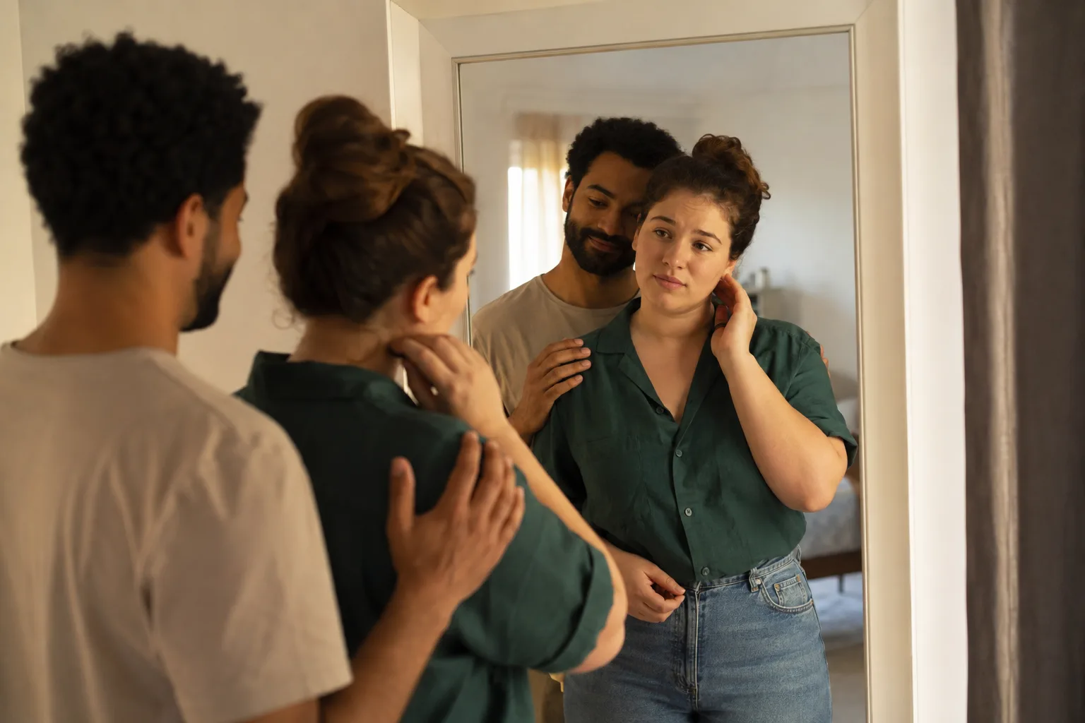 A supportive couple stands together as one partner looks thoughtfully in a mirror