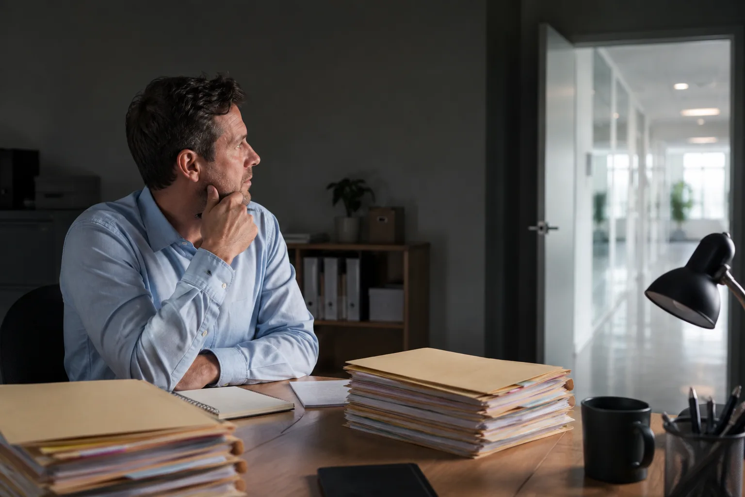 A professional pauses at a desk with an unfinished career plan and a visible path toward an open doorway