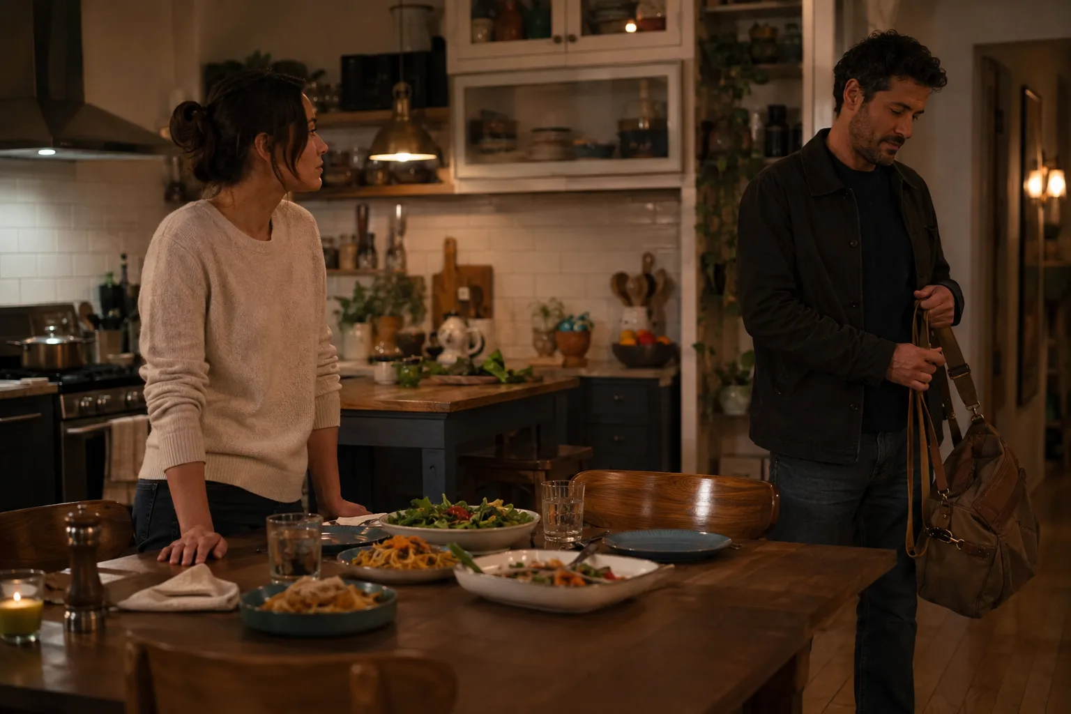 A woman looks quietly hurt after preparing dinner while her partner leaves without noticing her effort