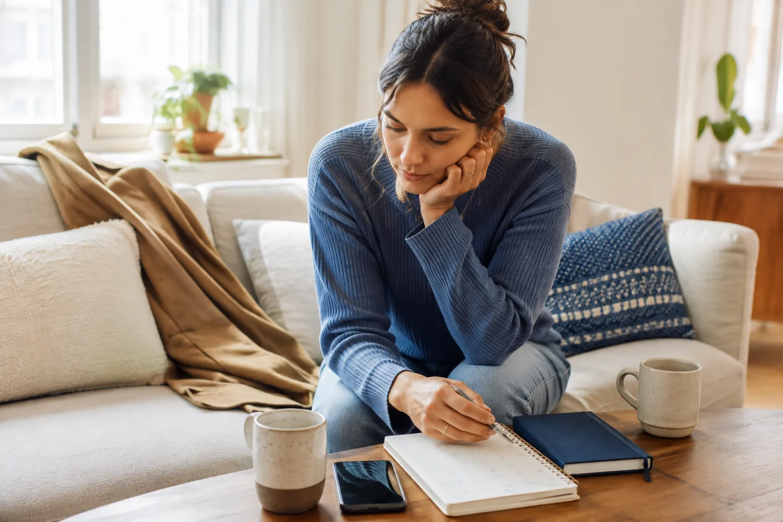 A woman reflects on the pace of a new connection with a calendar and journal