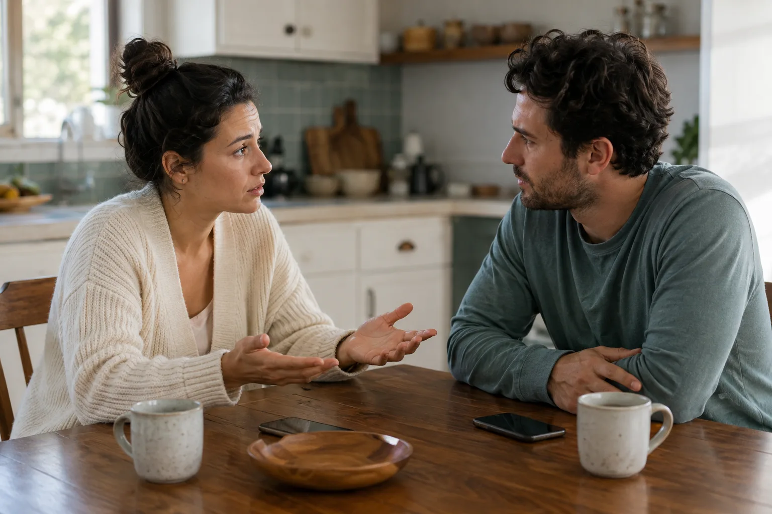 A couple talks openly about reassurance at a kitchen table