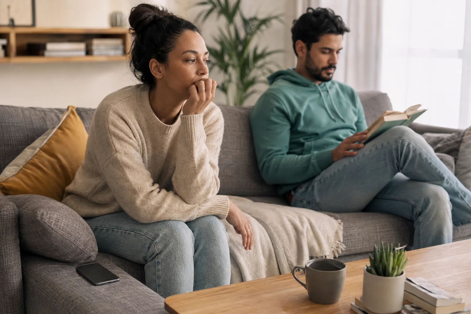 A thoughtful woman sits beside her partner with her phone face down
