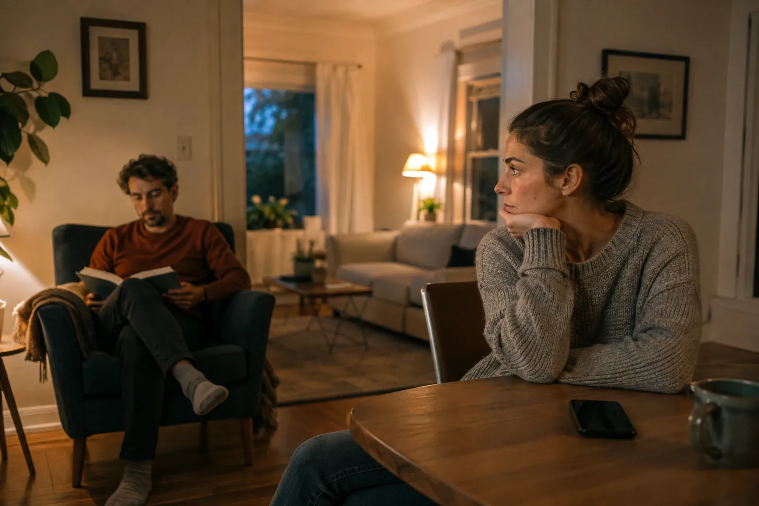 A couple shares a calm room while taking respectful space from one another