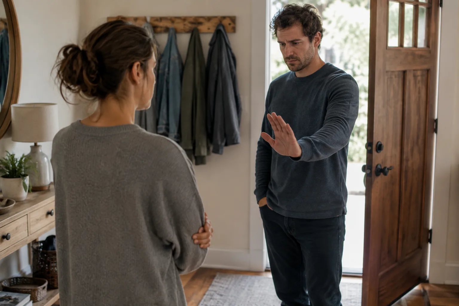 A man pauses near a doorway while his partner gives him space after a close conversation