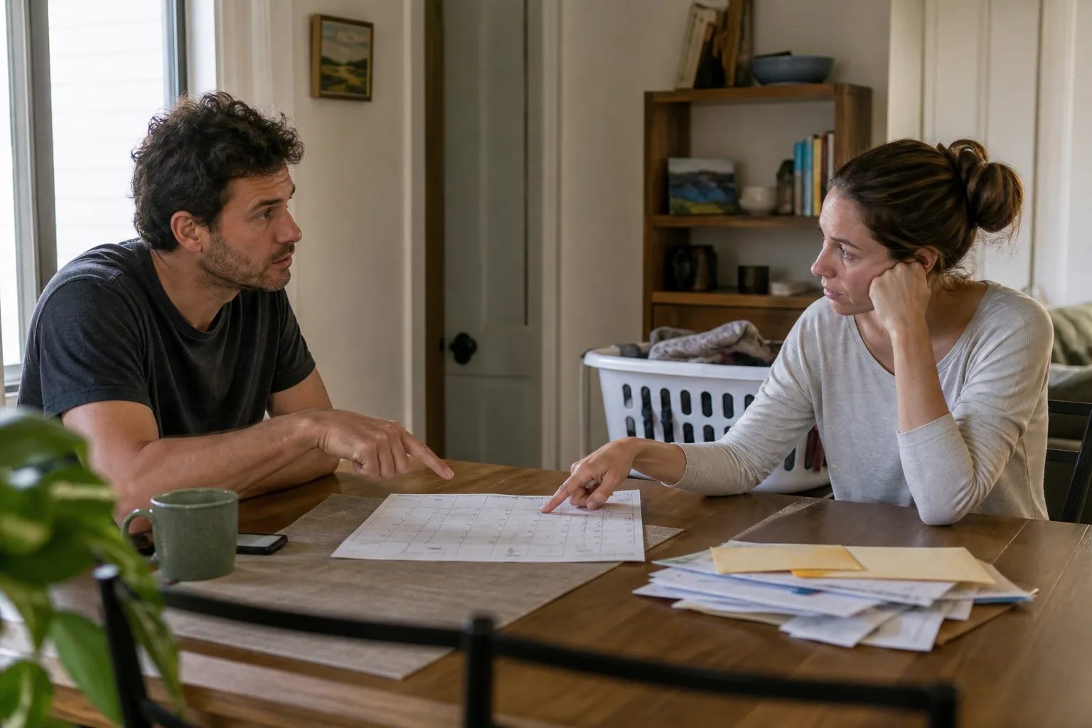 A couple revisits a recurring disagreement at a kitchen table with everyday household items nearby