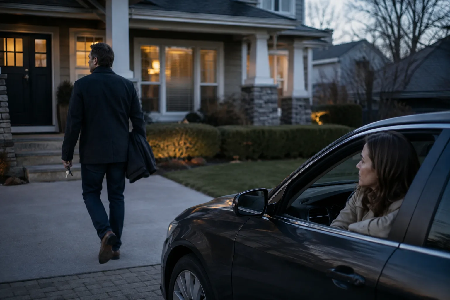 A man walks back toward his family home while another woman watches from a nearby car