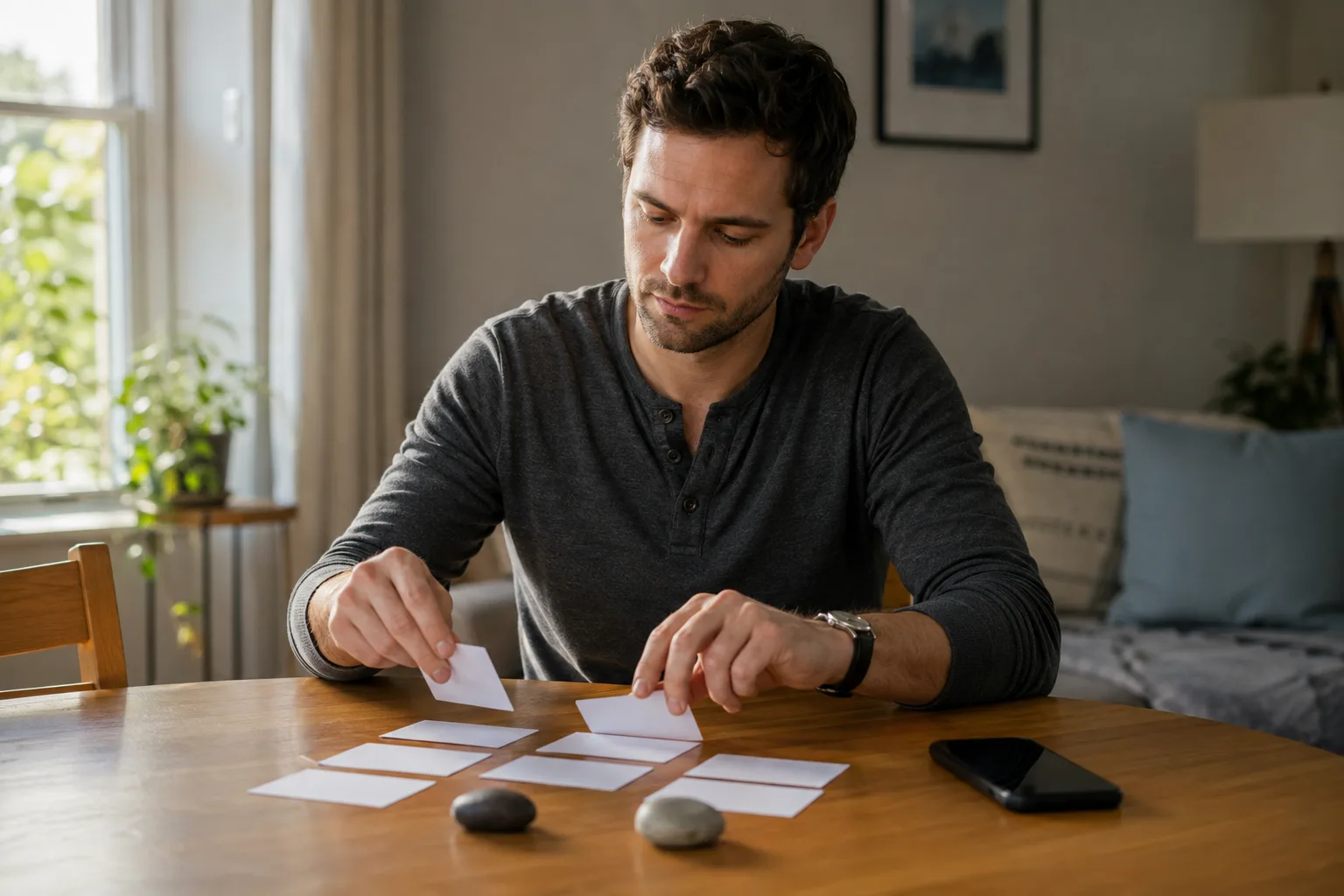 A man sorts blank cards into separate groups while reflecting on shared breakup responsibility