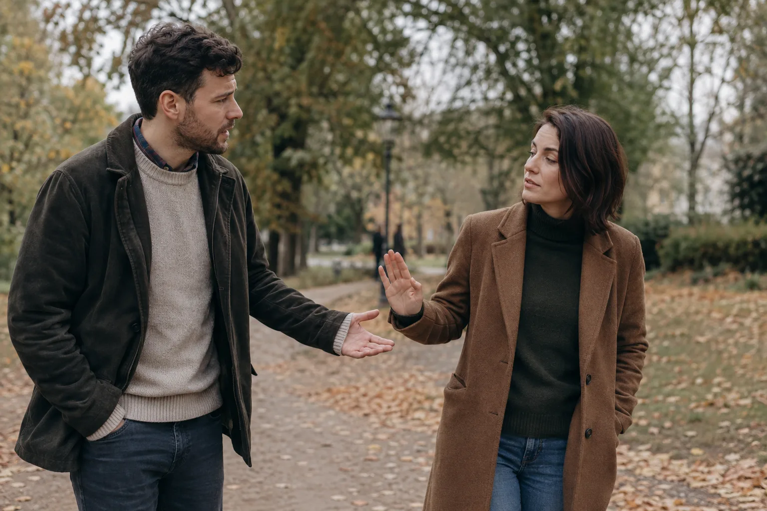 A woman calmly asks for space as her partner reaches out during a walk in a park
