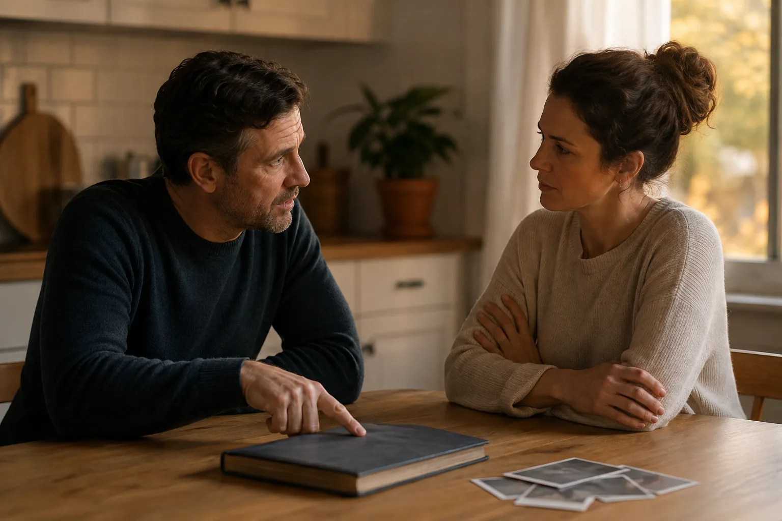 A couple discusses an old grievance beside a closed photo album at a table