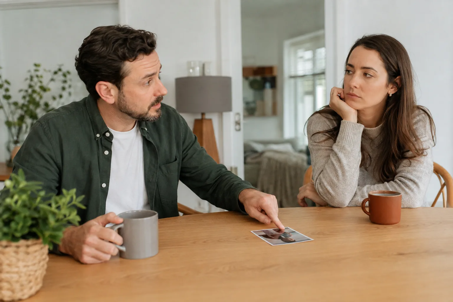 A man points to an old photo while his partner looks hurt by a comparison with an ex
