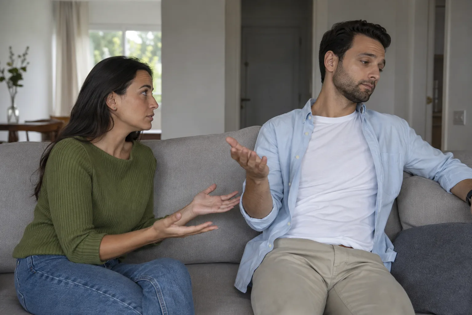 A woman explains how she feels while her partner turns away with a dismissive gesture