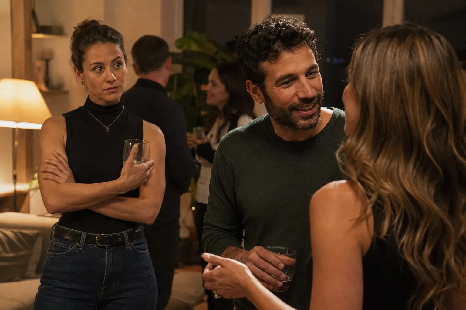A woman notices her partner using flirtatious body language with another guest at a social gathering