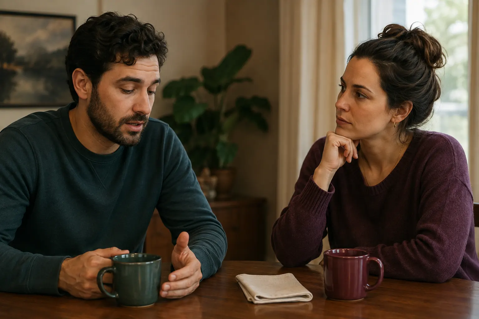 Couple discussing a small inconsistency during a quiet breakfast