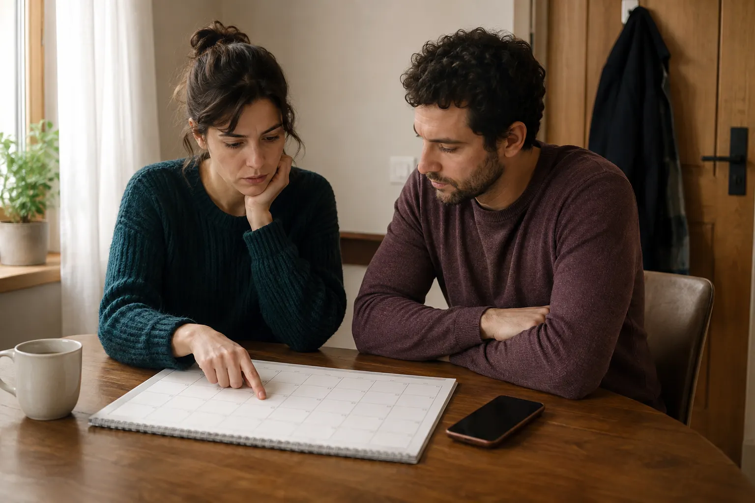 Couple reviewing shared plans on a calendar beside a face-down phone and coat