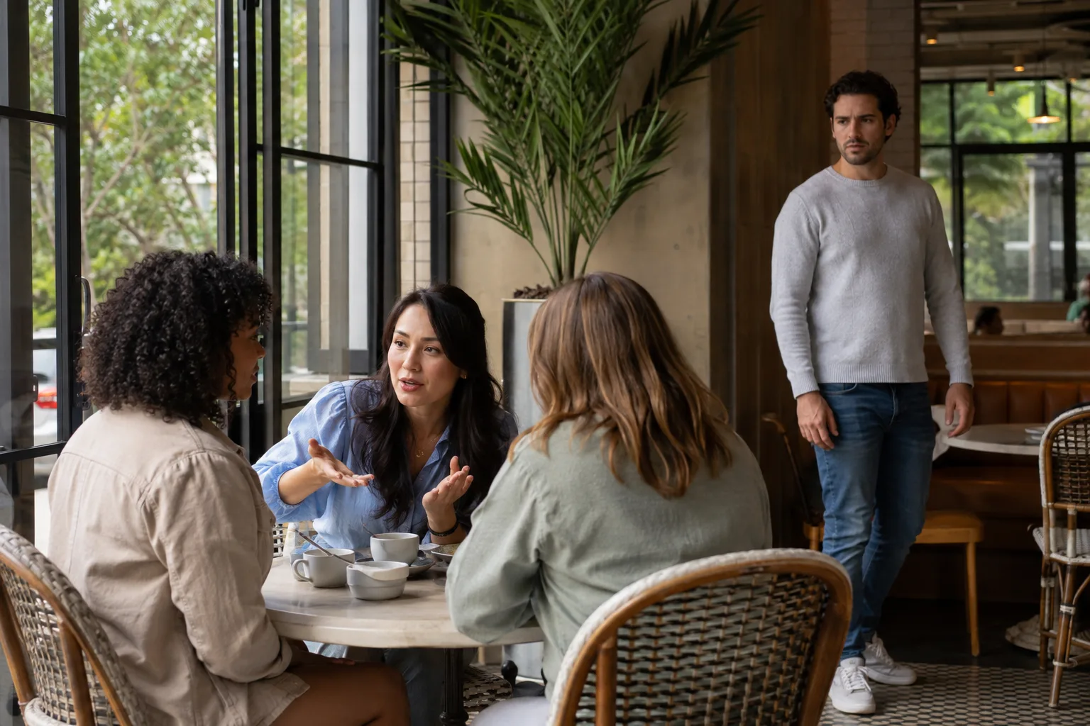 A man realizes his partner is sharing private relationship details with friends at a cafe