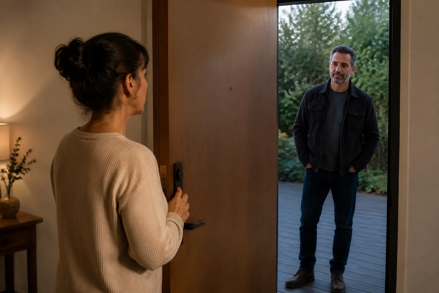Woman considers whether to welcome a familiar man at her open front door