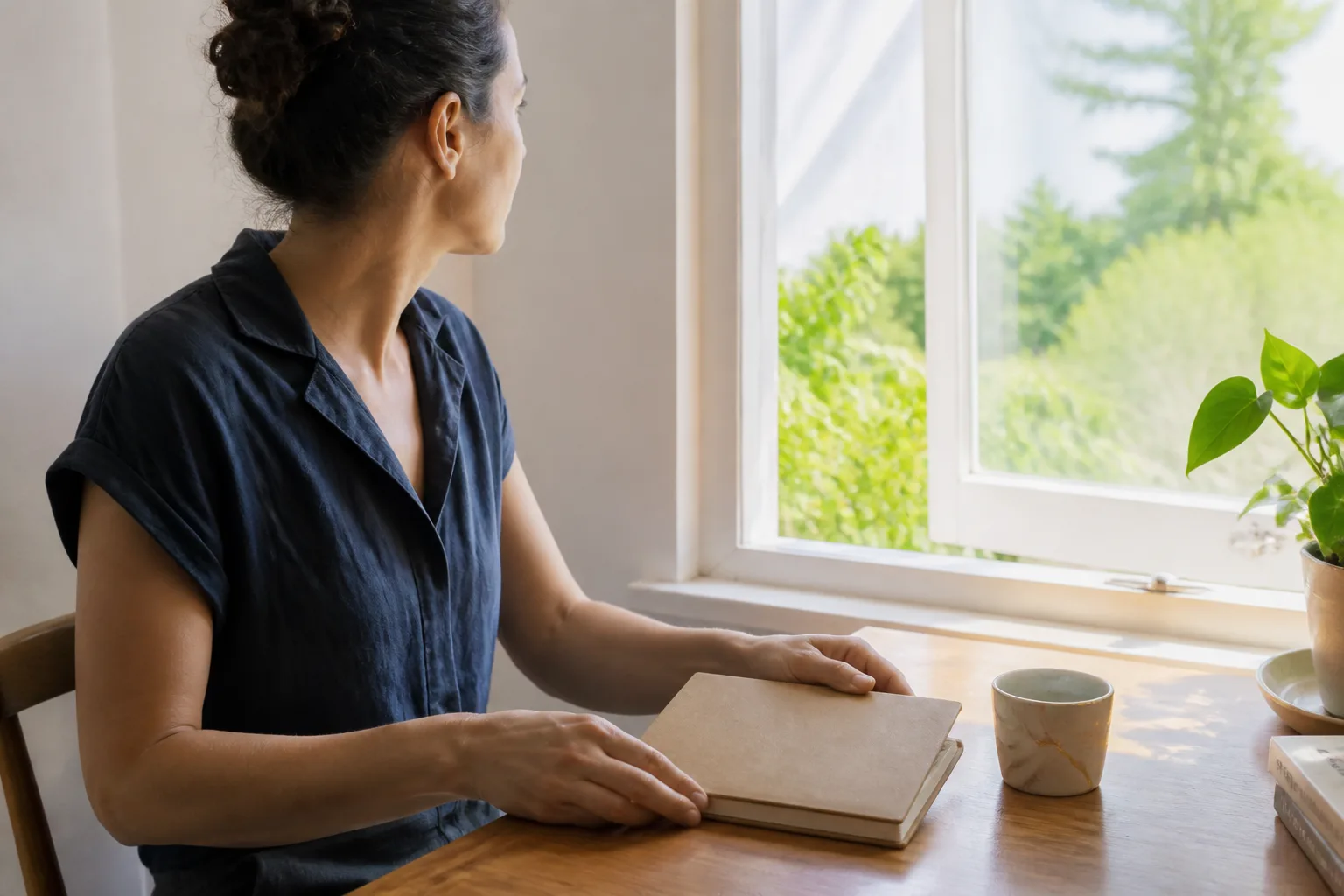 A woman closes a journal beside a repaired cup and looks through an open window