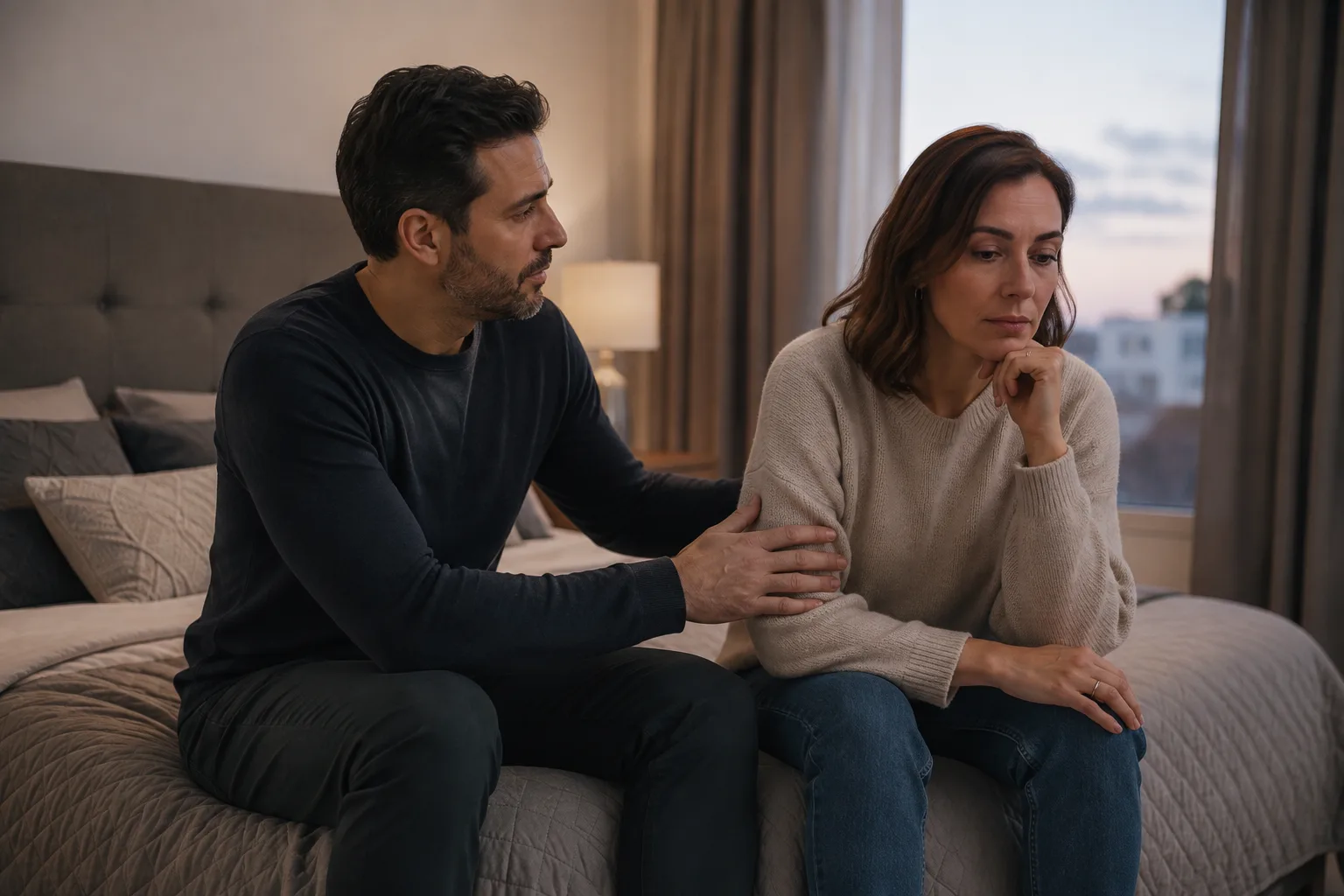 A fully clothed couple sits on the edge of a bed while one partner gently reaches toward the other
