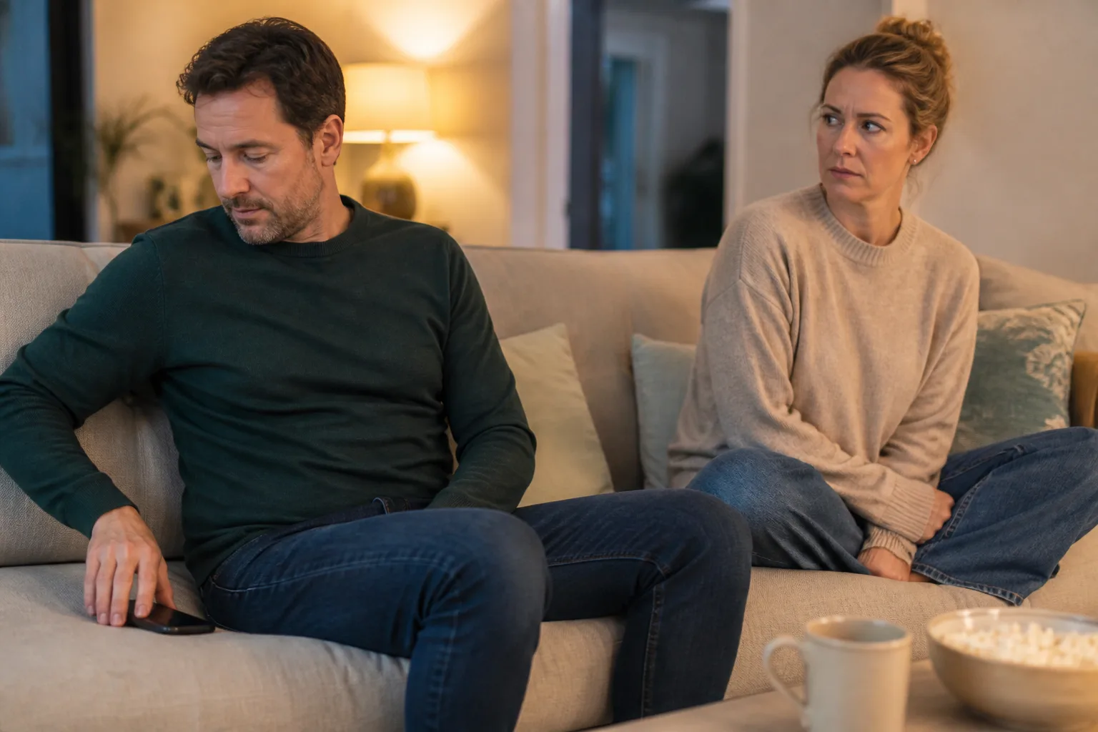 A man places his phone face-down while his partner notices