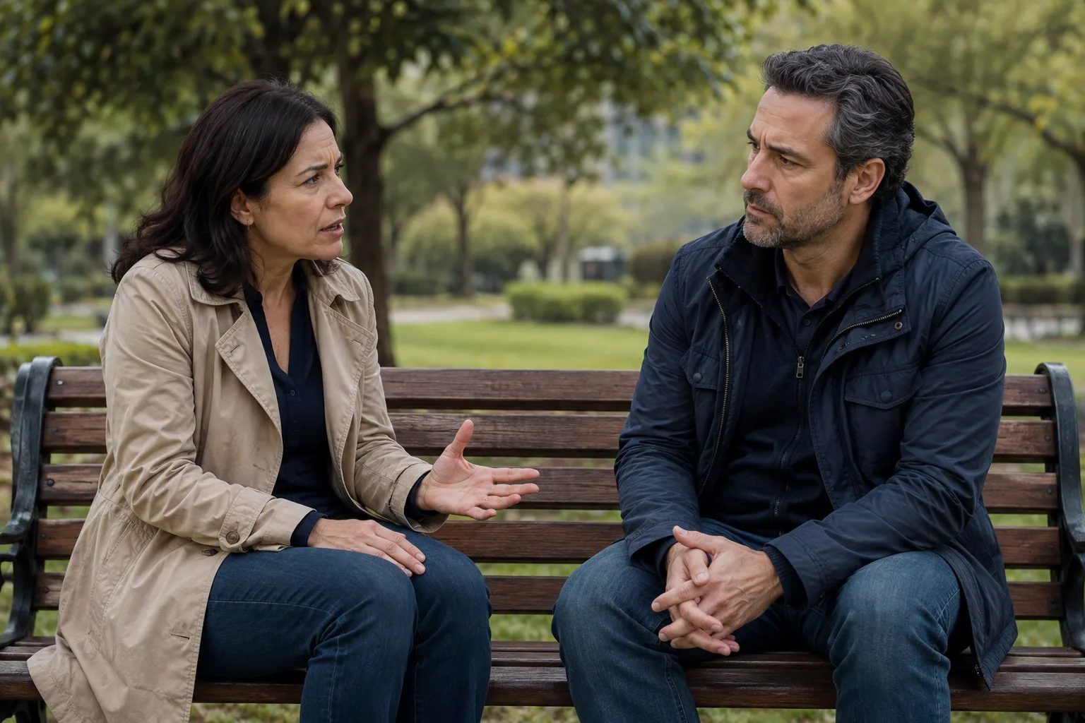 Former partners have a tense but respectful conversation on a park bench
