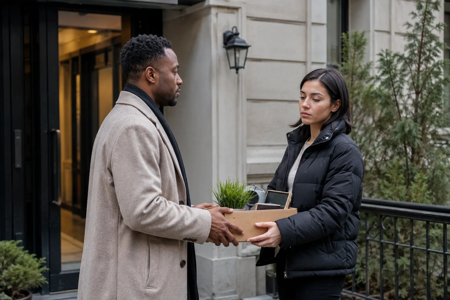 Two former partners exchange a box of belongings with polite emotional distance