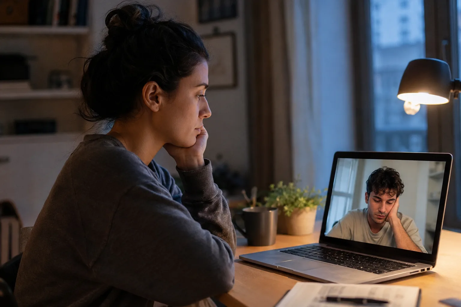 A woman notices her long-distance partner seems less engaged during an evening video call