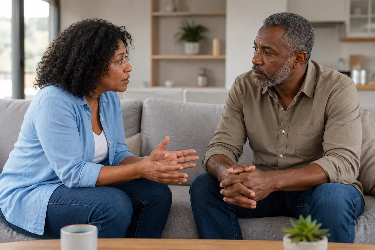Couple discuss an unresolved relationship decision in a calm living room