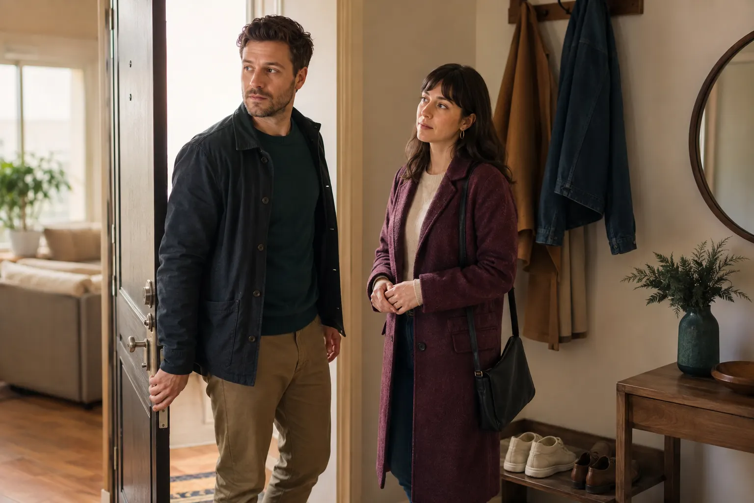 Couple waiting in an open entryway before a delayed introduction to friends