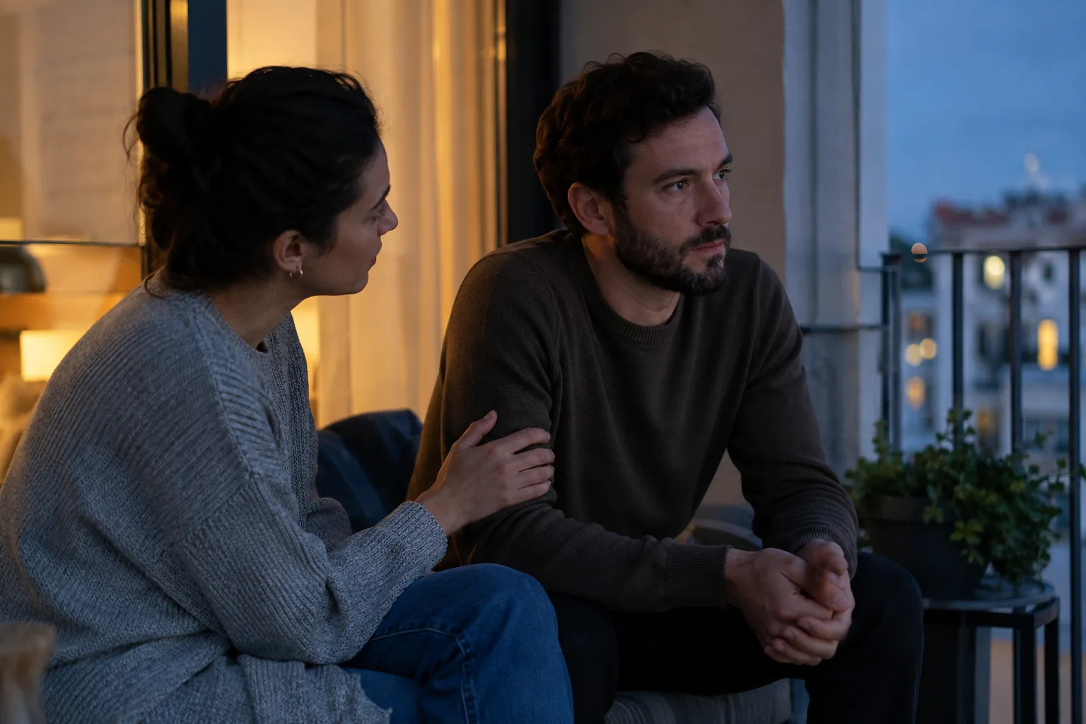 A woman gently reaches toward her emotionally guarded partner during an evening balcony conversation