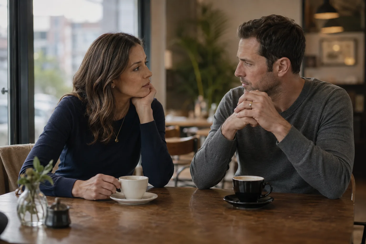 A woman and a married man have a serious conversation about an unresolved decision in a cafe