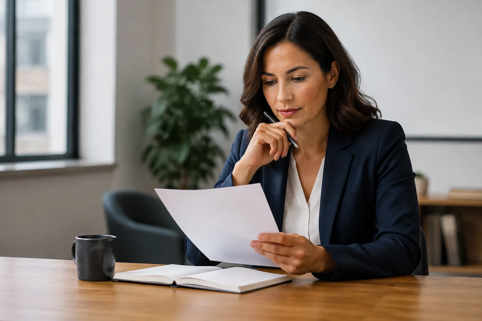 A professional woman prepares notes for a promotion conversation in a neutral office