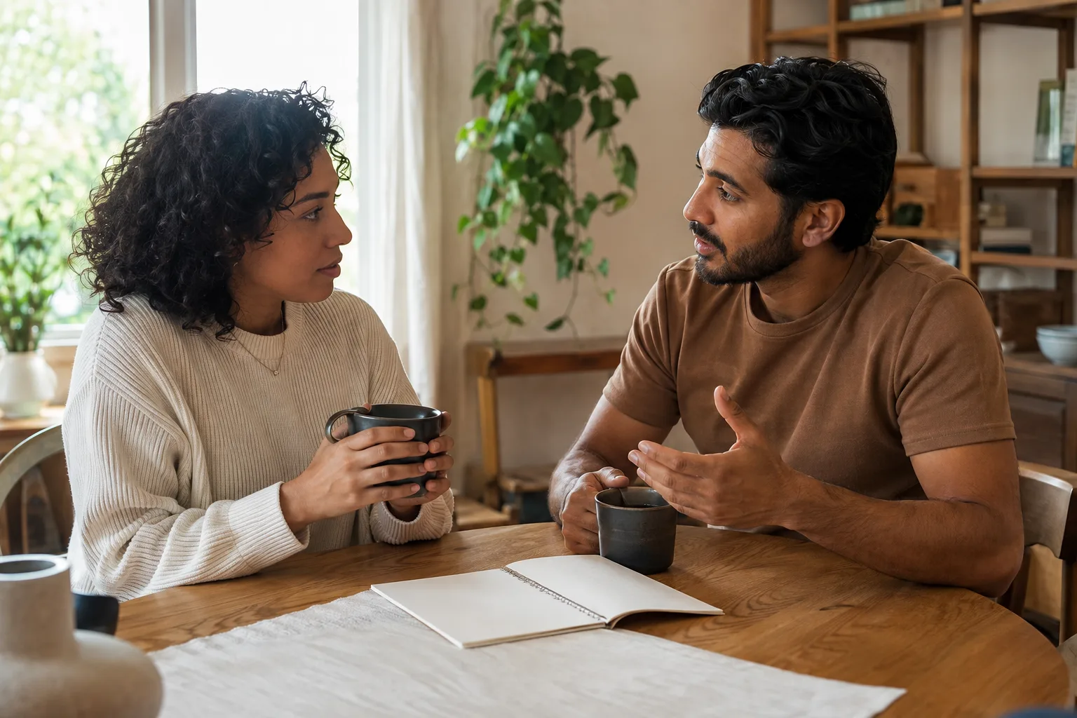 A couple has an honest future-planning conversation over coffee and a blank notebook