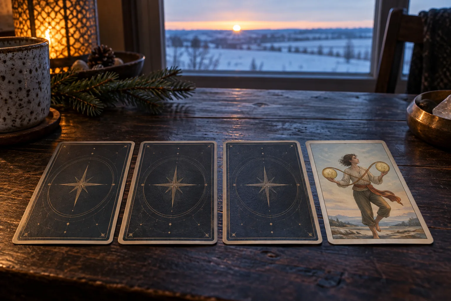Four tarot-style cards laid in a row on a dark wooden table beside a low window showing a pale winter sunrise on a flat horizon