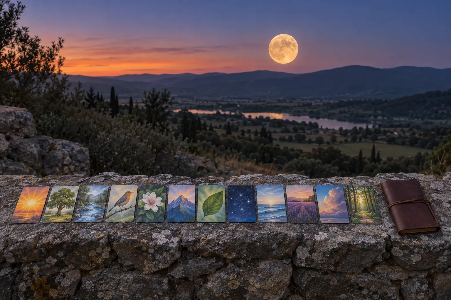 A large full moon rising over low hills at dusk, with twelve tarot-style cards laid in a row on a wall in the foreground