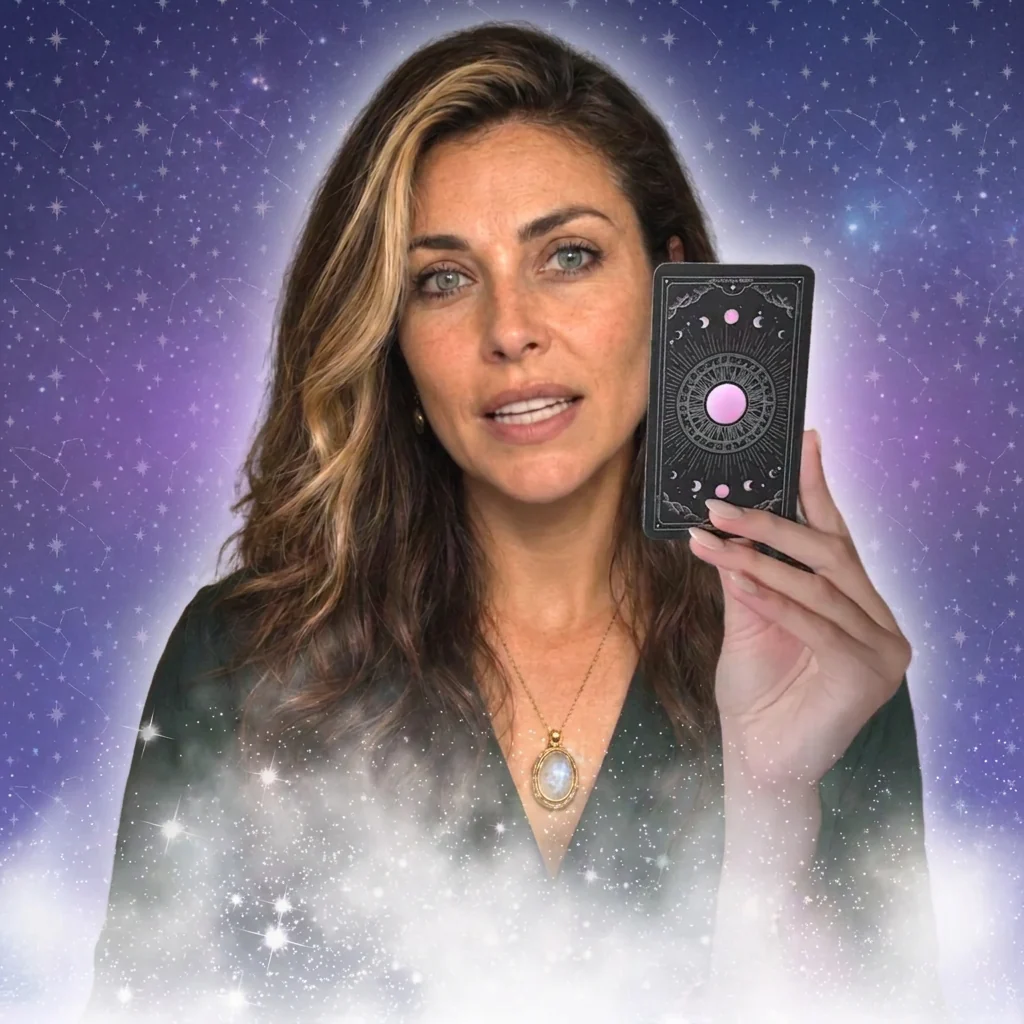 Psychic Maria holding a tarot card against a celestial background