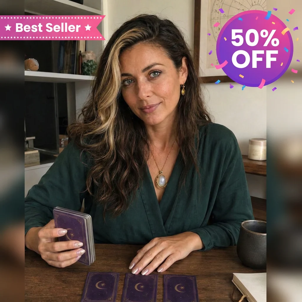 Psychic Maria seated at her tarot table with a best seller offer