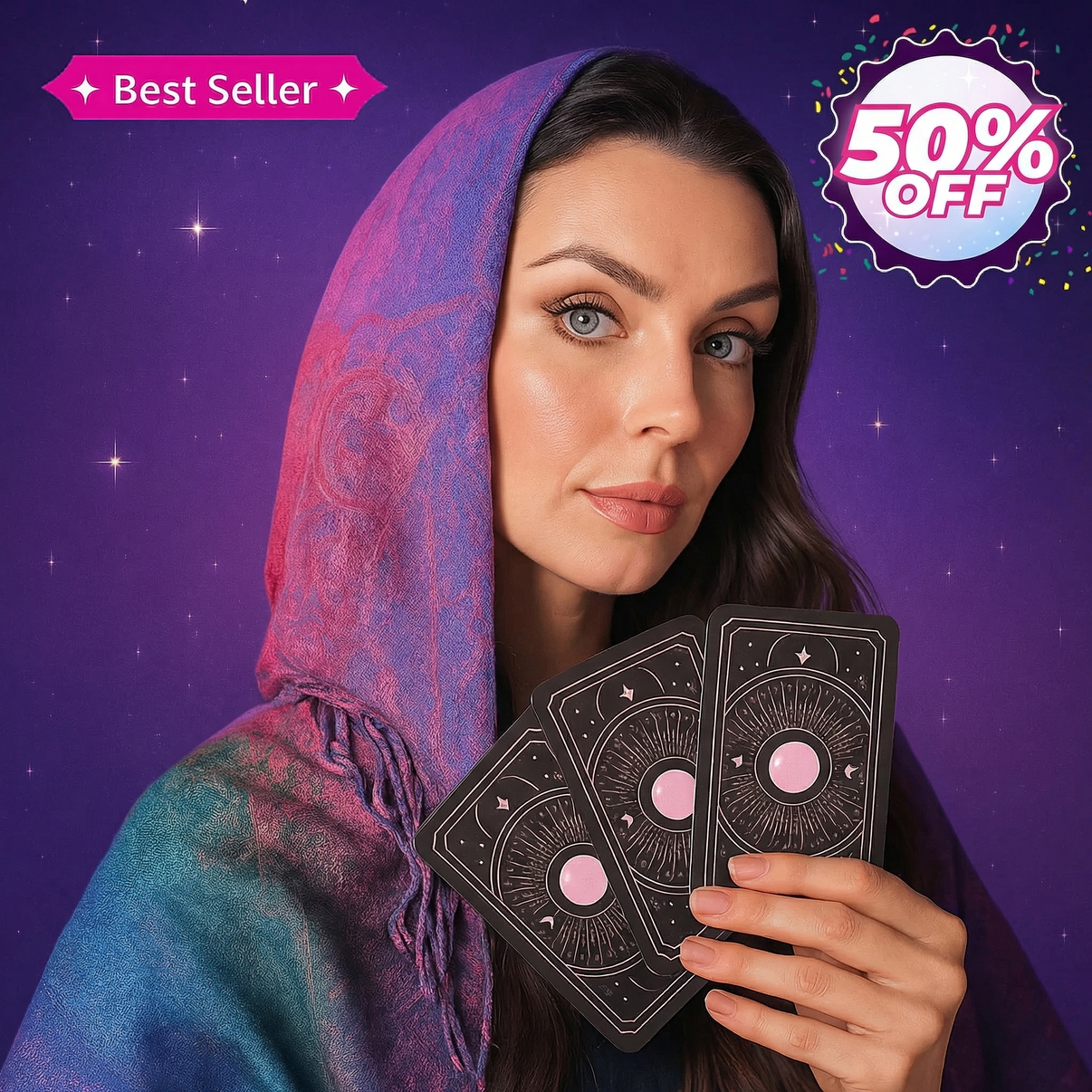 Psychic Maria holding tarot cards